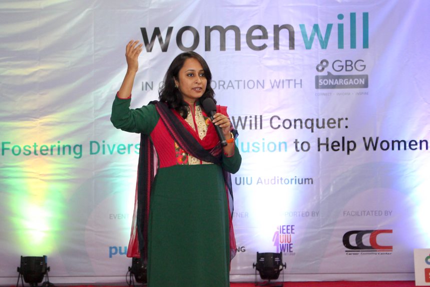 Ms. Narmin Tartila Banu, Lead, Womenwill, and Manager, Google Business Group Sonargaon, introducing Womenwill, an initiative from Google, its objectives and upcoming plans | Image by Womenwill